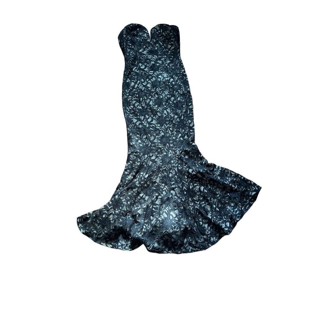 Venus black floral lace sequin strapless mermaid dress sz S